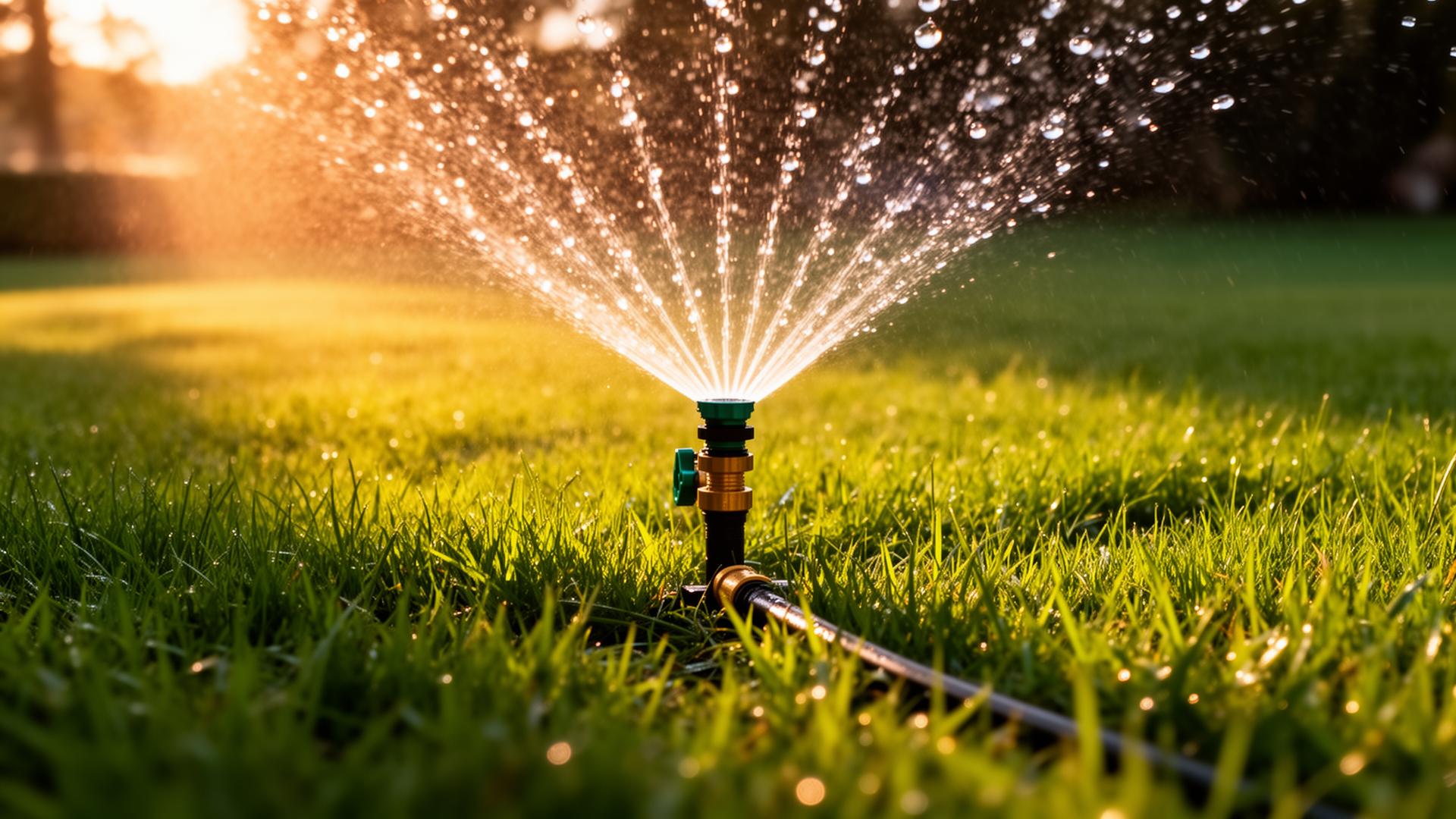 Sprinkler watering a green lawn at golden hour